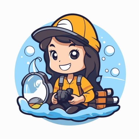 Cute cartoon girl with a camera in the sea. Vector illustration.