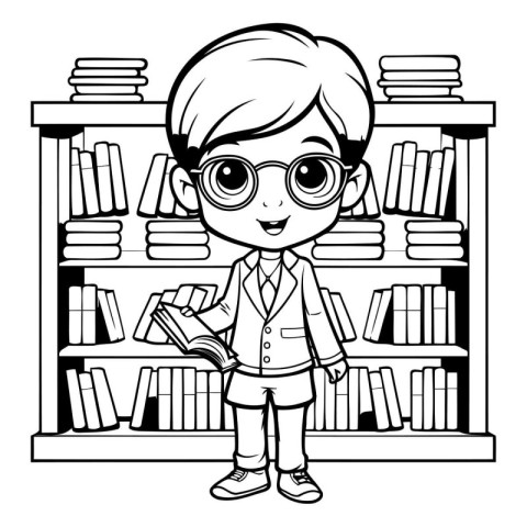 cute little student boy in bookshelf black and white vector illu