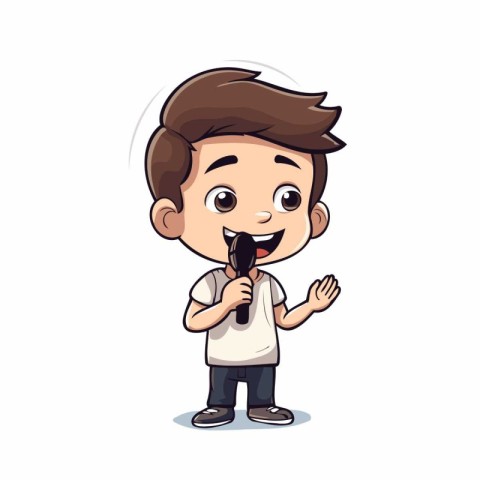 cute little boy singing karaoke cartoon vector illustration grap