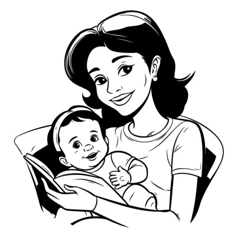 Mother with her baby - Black and White Cartoon Illustration. Vec