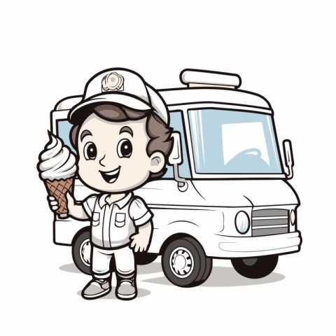 Cute cartoon delivery boy with ice cream truck. Vector illustrat