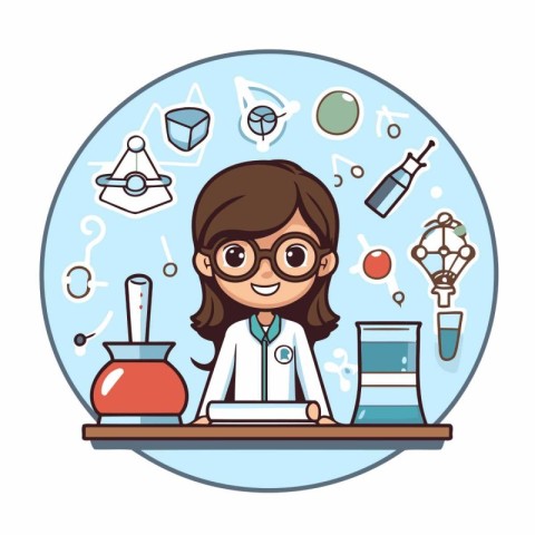 Cartoon scientist girl with science icons on the background. Vec