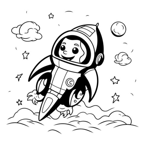 Black and White Cartoon Illustration of Cute Little Baby Astrona