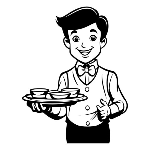 Waiter holding a tray with a serving tray. Vector illustration.