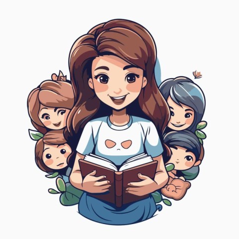 Cute cartoon girl reading a book with her friends. Vector illust