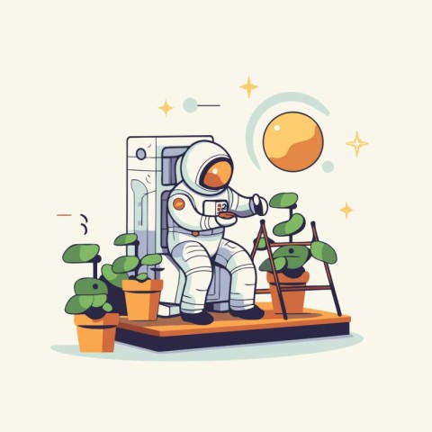 Astronaut standing on the platform. Cute vector illustration.