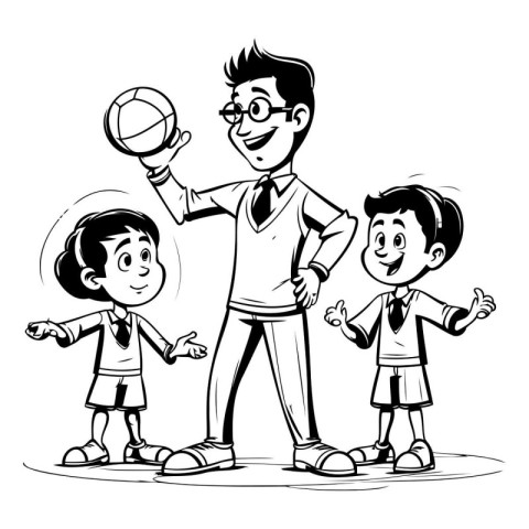 Boy playing basketball with his friends. Black and white vector