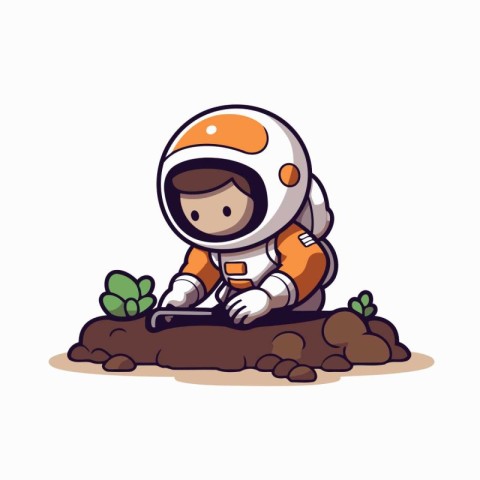 Astronaut Sitting on the Ground - Cute Cartoon Vector Illustrati