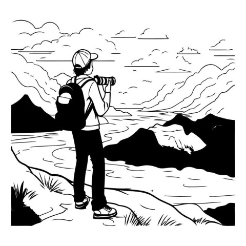 Vector illustration of a tourist with a camera on the background