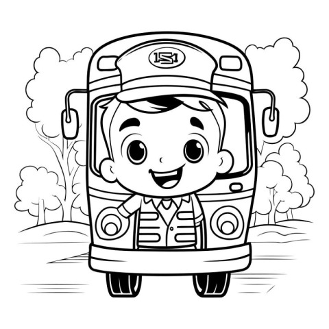 Coloring Page Outline Of a Boy Driving a Bus Vector Illustration