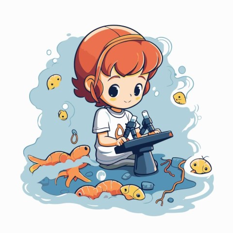 Cute little girl playing with microscope and fish. Vector illust