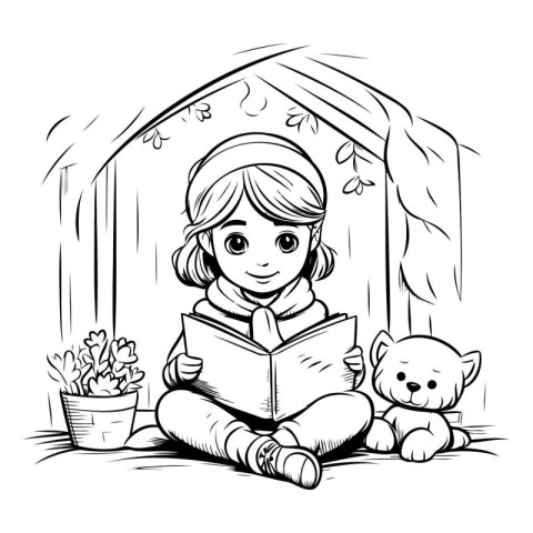 Cute little girl reading a book in the garden. Vector illustrati