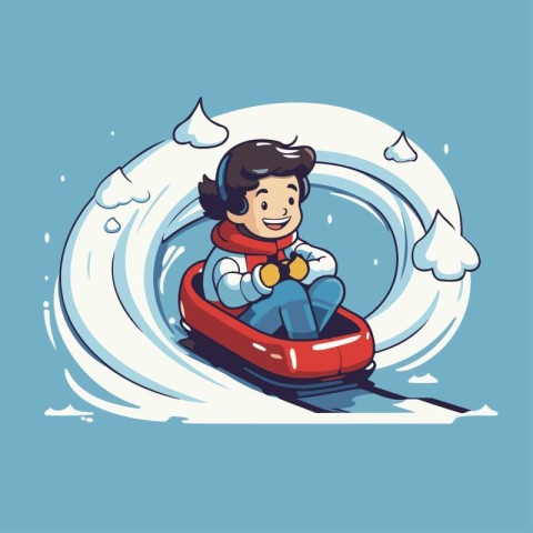 Vector illustration of a boy having fun on a snow tube. Cartoon