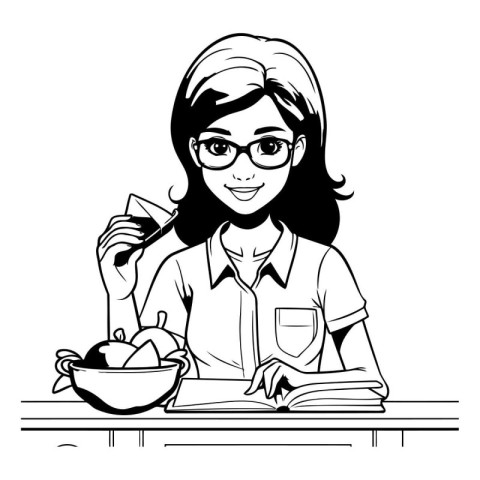 Vector illustration of a young woman sitting at the table and re