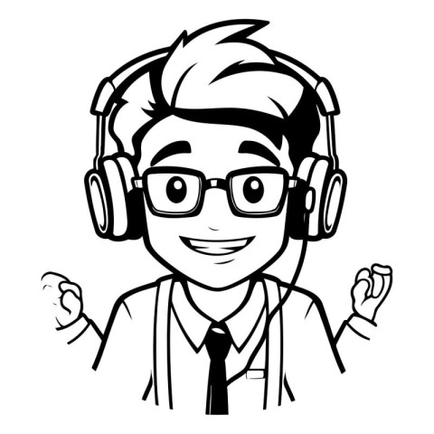 Doctor with Headphones - Black and White Cartoon Illustration. V