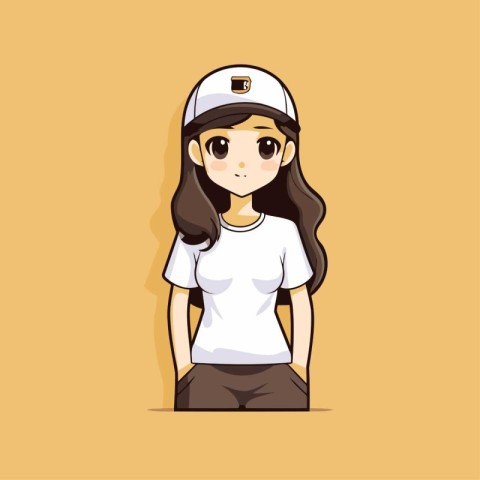 Cute girl in a white T-shirt and cap. Vector illustration.