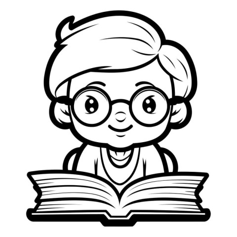 Cute Kid Reading Book - Black and White Cartoon Illustration. Ve