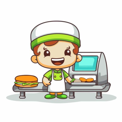 Chef with hamburger and cash register character cartoon vector i