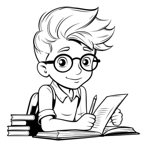 Boy Student with Books - Black and White Cartoon Illustration. V