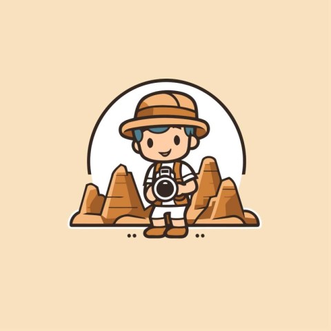 Vector illustration of a boy with camera and mountains in the ba