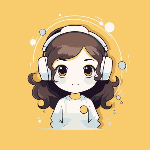 Illustration of a cute girl with headphones on a yellow backgrou