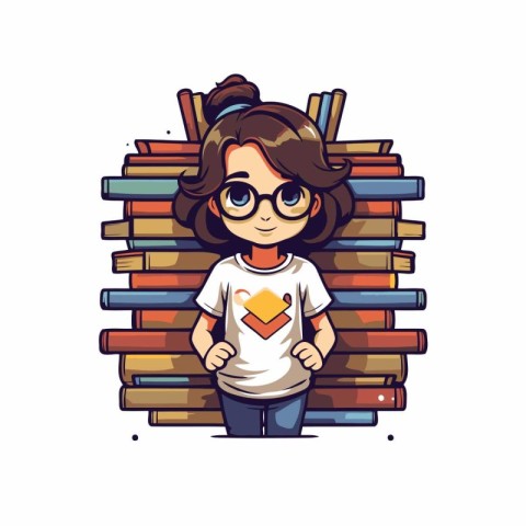 Cute cartoon girl with glasses standing near pile of books. Vect