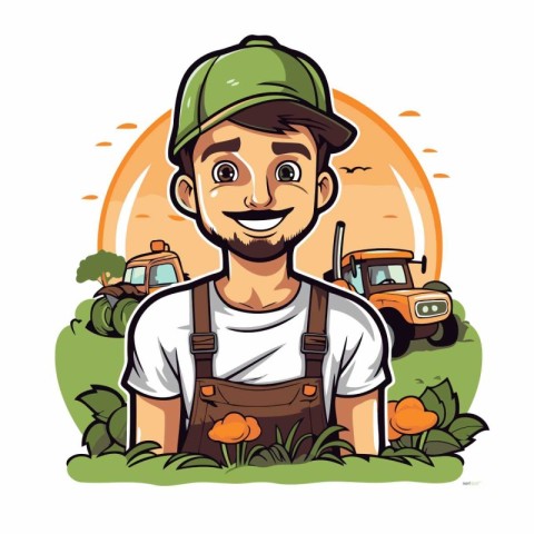 Farmer with tractor in the field. Vector cartoon character illus