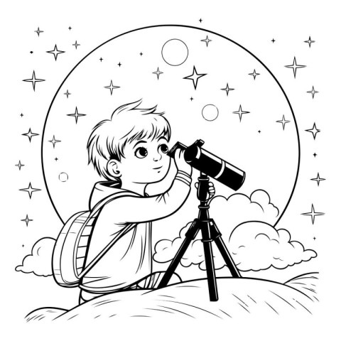 Boy with telescope on the background of the moon and stars. Vect