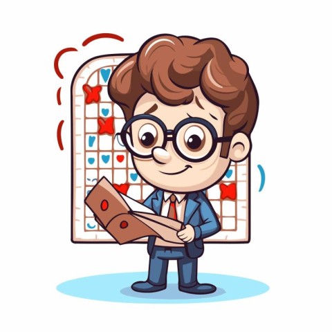 Boy reading a book on the background of a chess board. Vector il