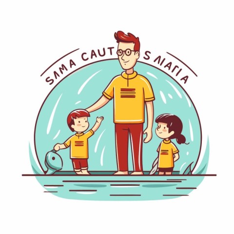 Vector illustration of a man and children on the beach in summer