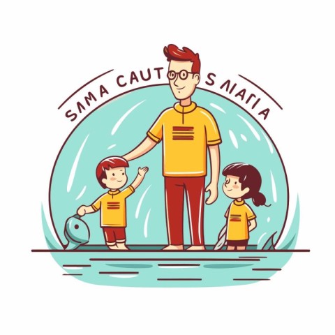 Vector illustration of a man and children on the beach in summer