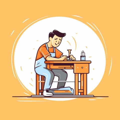 Carpenter working in his workshop. Flat style vector illustratio