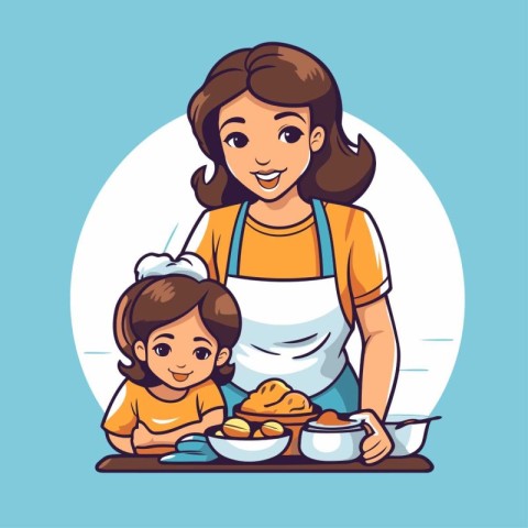 Mother and daughter cooking in the kitchen. Vector illustration