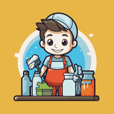 Cleaning boy. Cleaning service concept. Vector flat cartoon illu