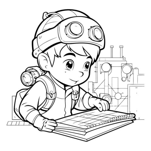 Black and White Cartoon Illustration of Kid Boy Astronaut Charac