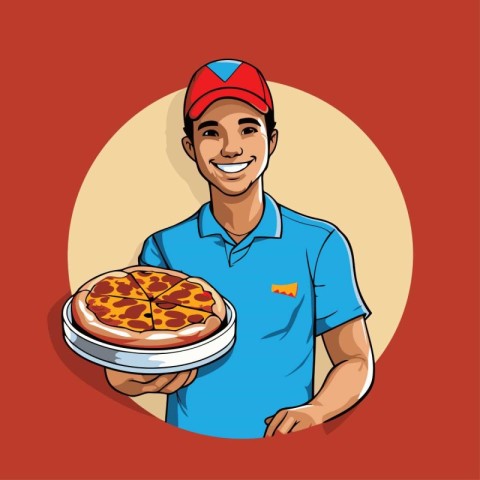 Pizza delivery man holding pizza. Vector illustration in cartoon