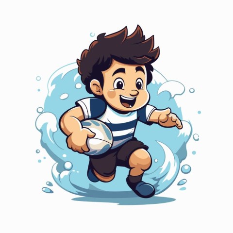 Cartoon boy playing rugby with ball. Vector illustration on whit