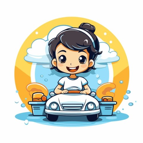 Cute little girl driving car in the rain cartoon vector illustra