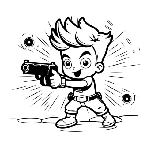 Cartoon boy shooting with a gun - black and white vector illustr