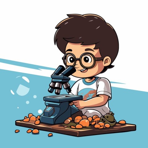 Boy with microscope and tangerines. Vector illustration in carto