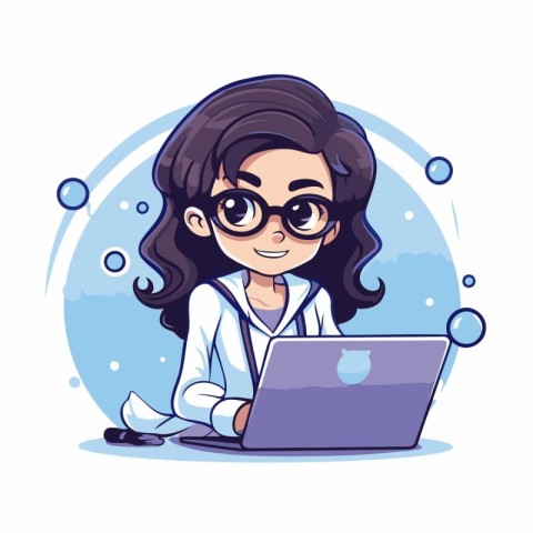 Scientist girl with laptop. Vector illustration. Cartoon charact