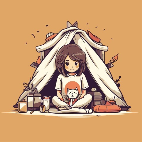 Cute little girl playing with her cat in a tent. Vector illustra