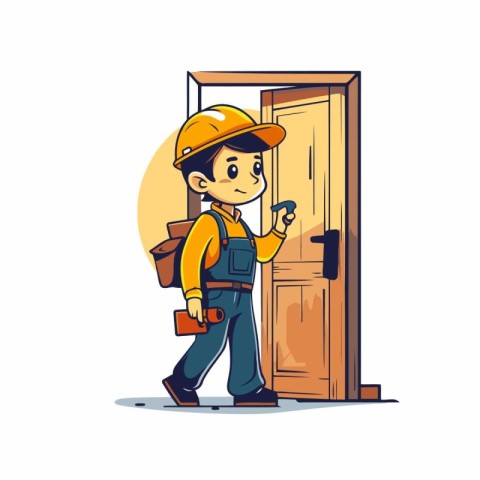 Cartoon handyman standing in front of the door. Vector illustrat