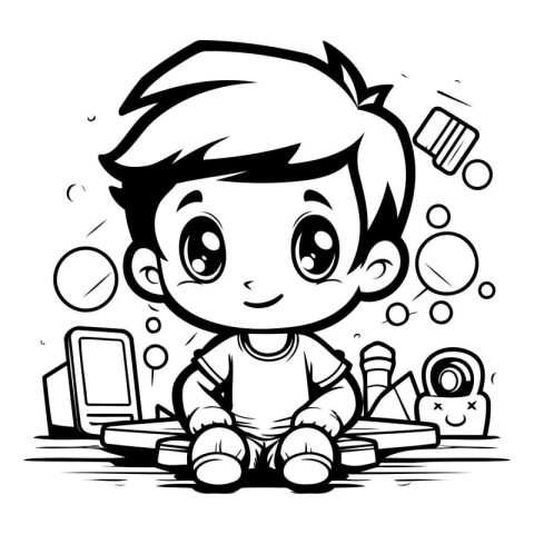 Black and White Cartoon Illustration of Cute Little Boy Kid Play