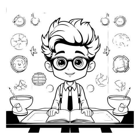 Boy in glasses reading a book. Black and white vector illustrati