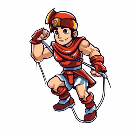 Cartoon superhero with a rope. Vector illustration isolated on w