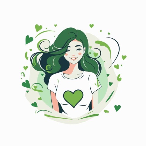 Young woman with green hair and heart in her hands. Vector illus