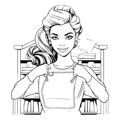 Black and white vector illustration of a young woman holding a s