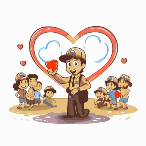 Vector illustration of a group of children and a policeman in lo