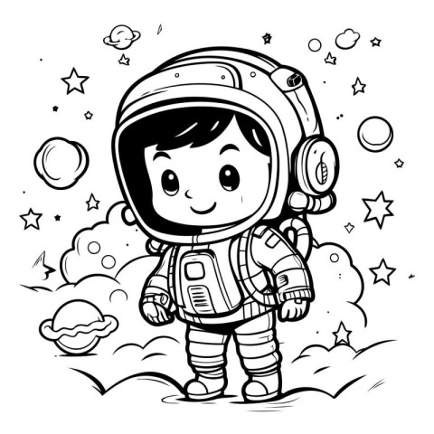 Black and White Cartoon Illustration of Kid Astronaut Character